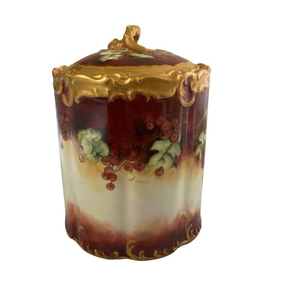 Hand Painted Porcelain Jar With Lid Featuring Berry Design & Gold Accents - Picture 4 of 9